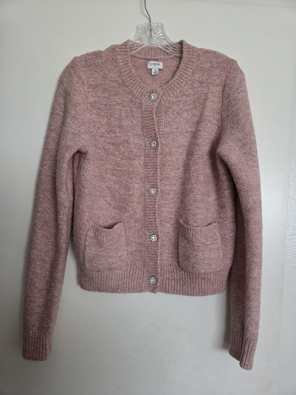 J. Crew Shimmer Rose Blush Cardigan with Rhinestone Buttons
